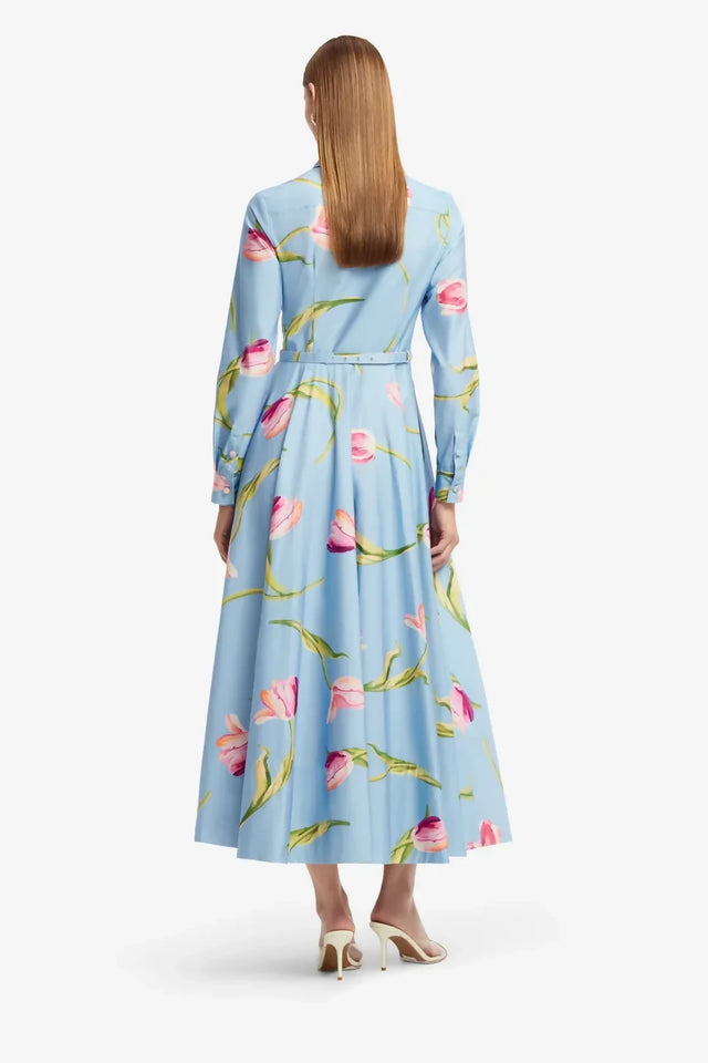 Leo Lin Zara Shirt Midi Dress Tulip Print in Blue