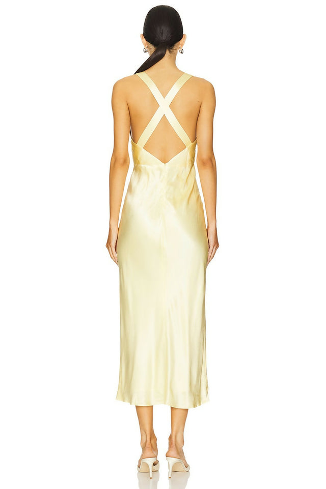 Shona Joy La Lune Plunged Cross Back Midi Dress in Lemon