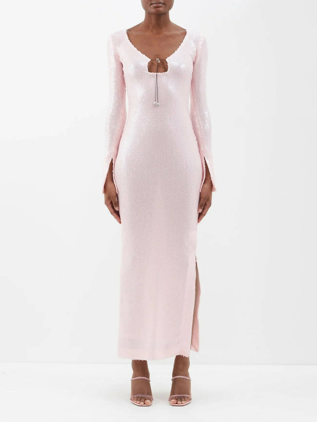 16arlington Solaria Keyhole-Neck Sequinned-Tulle Maxi Dress - 6 / Pink - Dresses