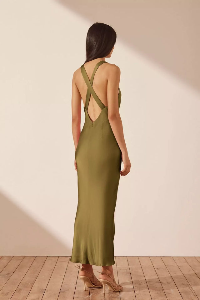 Shona Joy Arienzo Plunged Cross Back Midi Dress Green Olive