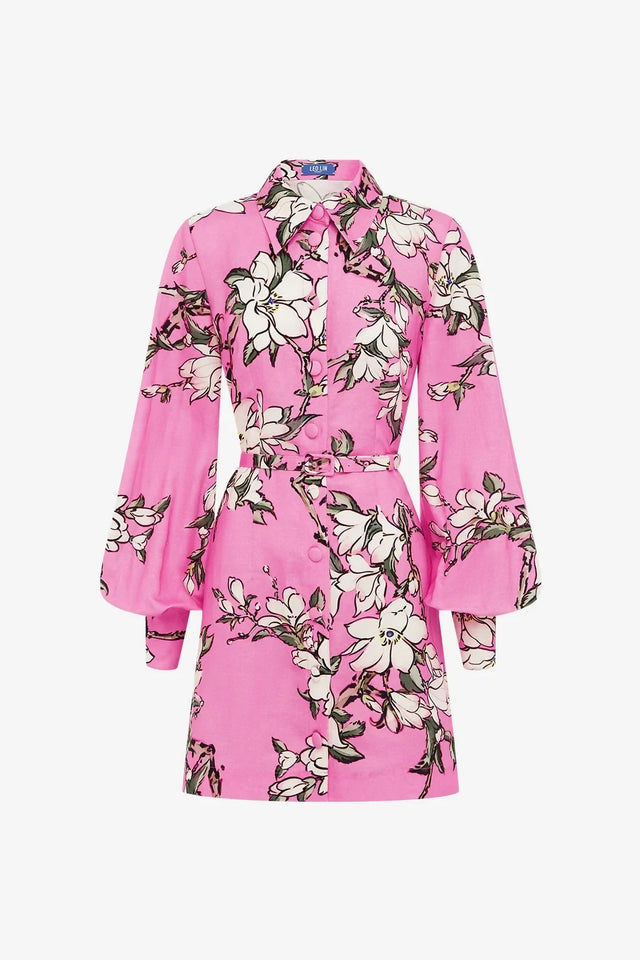 Leo Lin Luminous Linen Mini Dress - Pink Magnolia Print