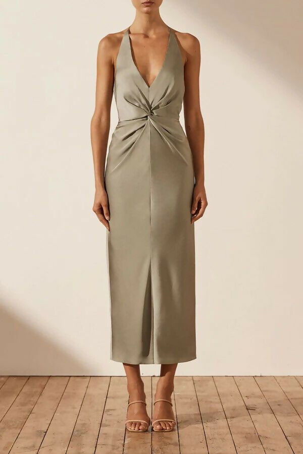 Shona Joy Luxe Twist Front Halter Midi Dress Eucalyptus