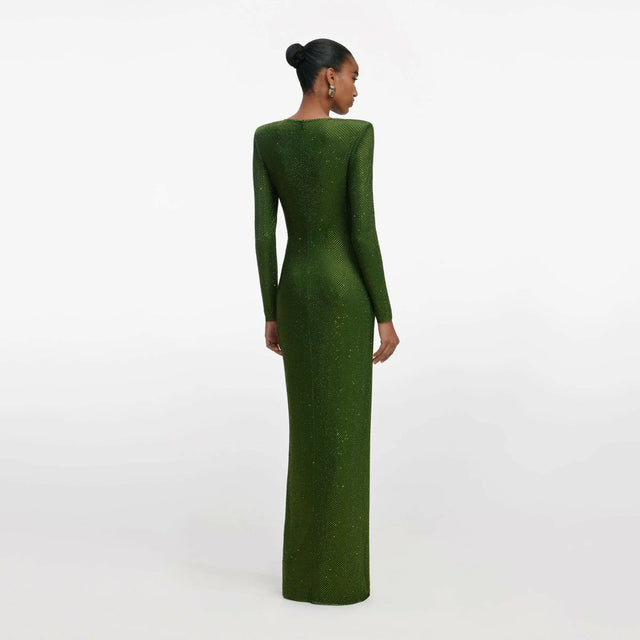 Self Portrait Olive Rhinestone Embellished Maxi Dress