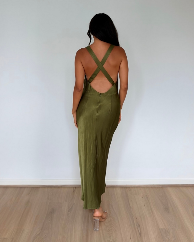 Shona Joy Arienzo Plunged Cross Back Midi Dress Green Olive
