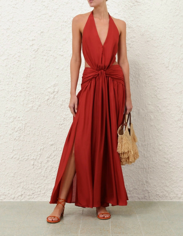 Zimmermann Indra Plunge Halter Maxi Dress in Raspberry