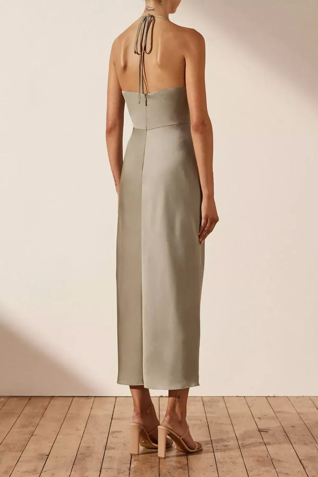 Shona Joy Luxe Twist Front Halter Midi Dress Eucalyptus