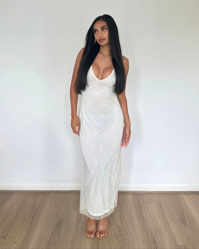 SLA the Label Gigi Diamanté Midi Dress White