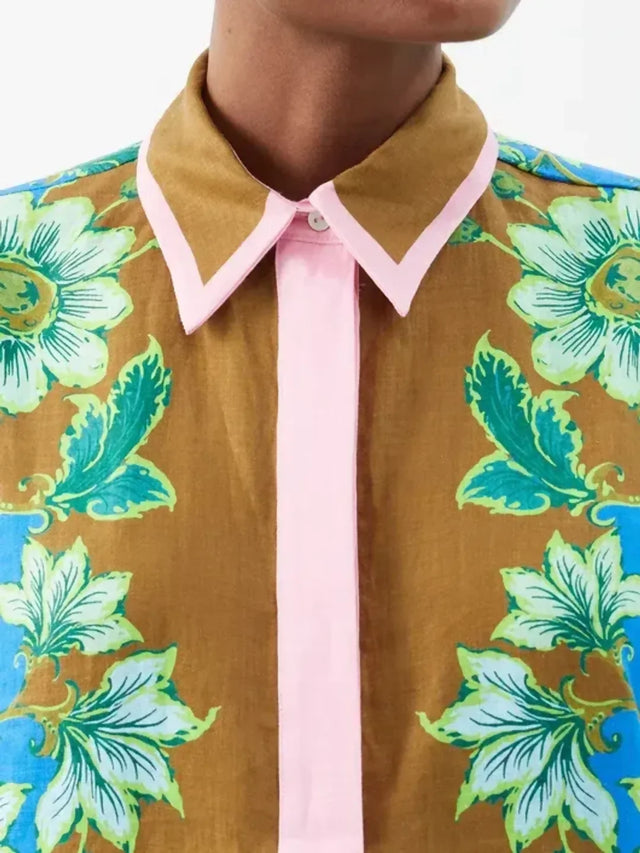Alemais Winnie Floral Spliced Blue Brown Shirt and Pant Two Piece Set Floral
