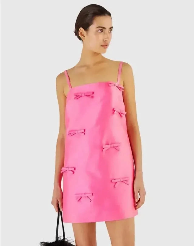 Oroton Satin Bow Mini Dress Candy Pink