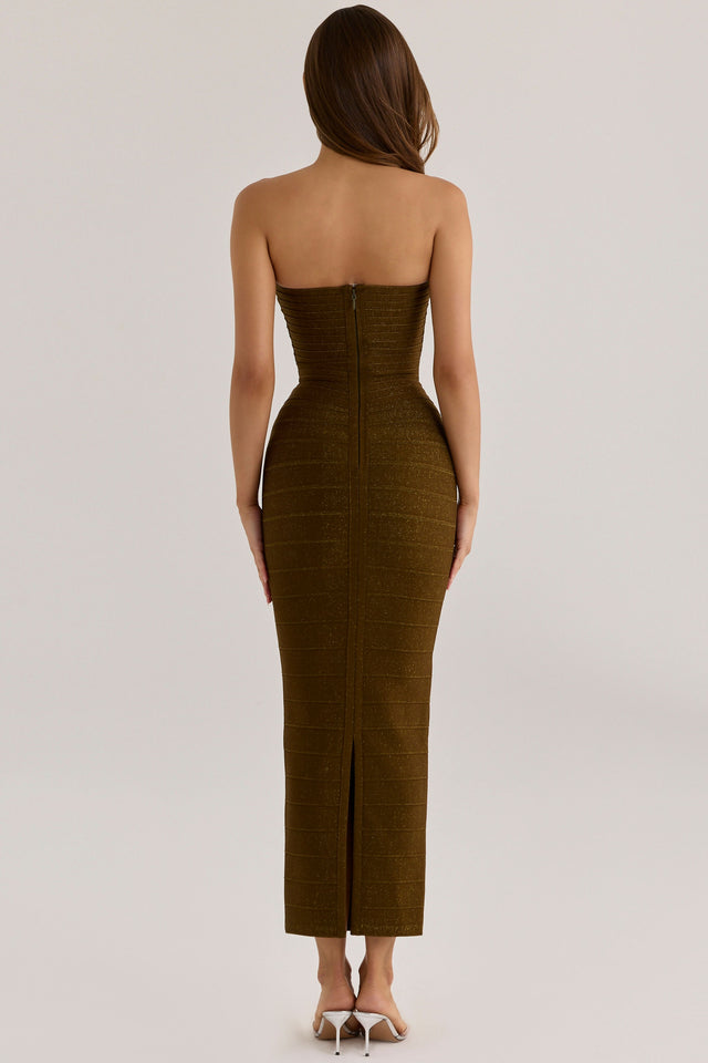 House Of CB Olive Shimmer Strapless V Waist Bandage Maxi Dress
