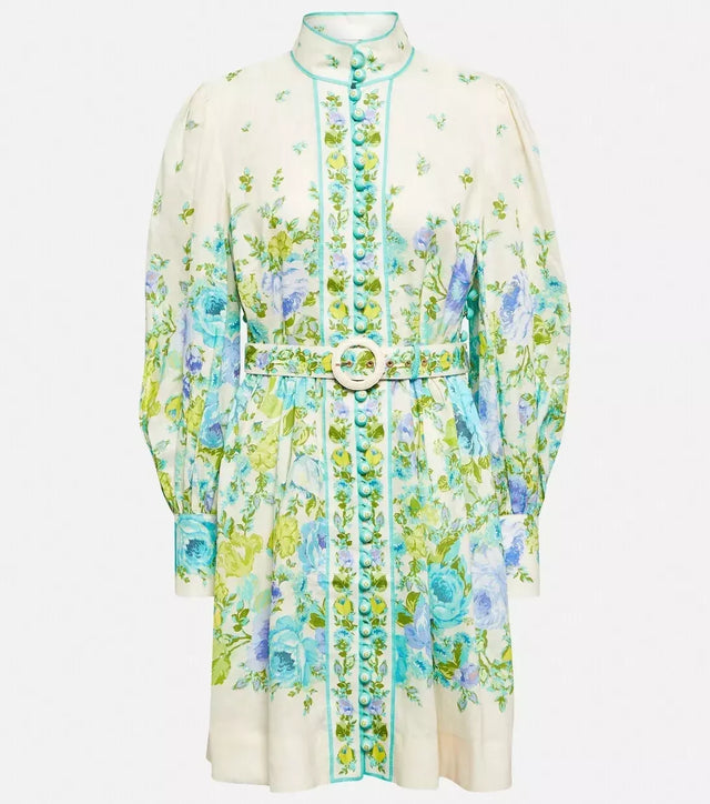Zimmermann Raie Buttoned Mini Dress Teal/Blue Floral