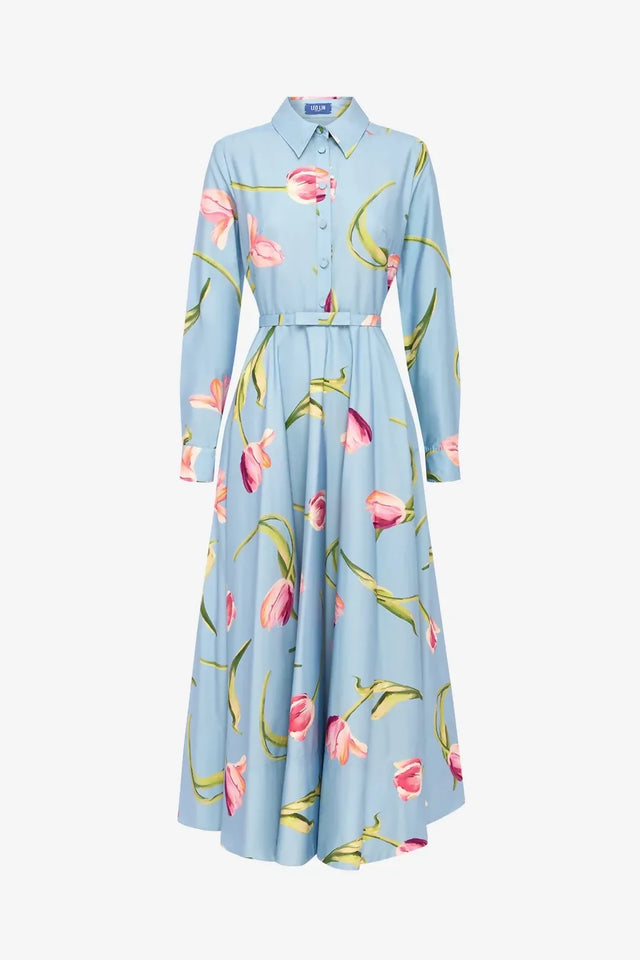 Leo Lin Zara Shirt Midi Dress Tulip Print in Blue