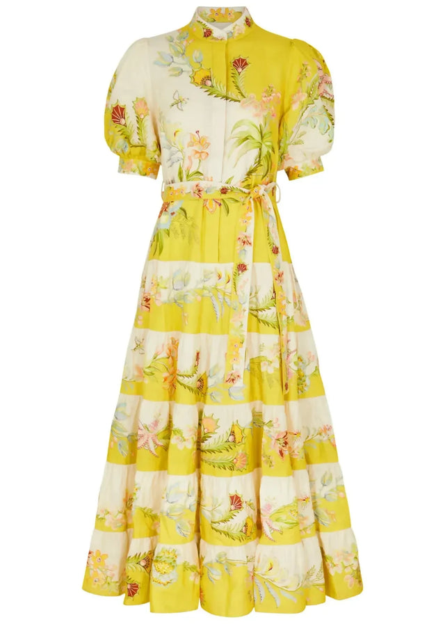 Alemais Ira Tiered Midi Dress Lemon/Cream