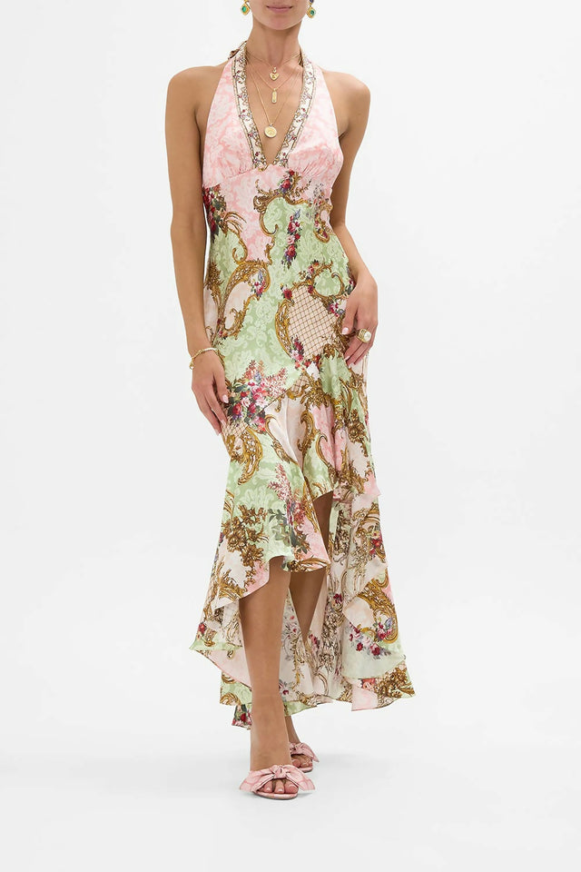 Camilla Bias Halter Dress With Ruffle Hem