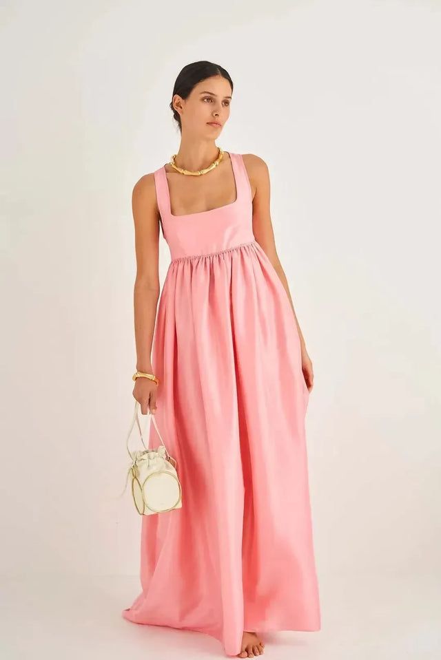 Oroton Strappy Open Back Poplin Maxi Sundress in Pink Strawberry