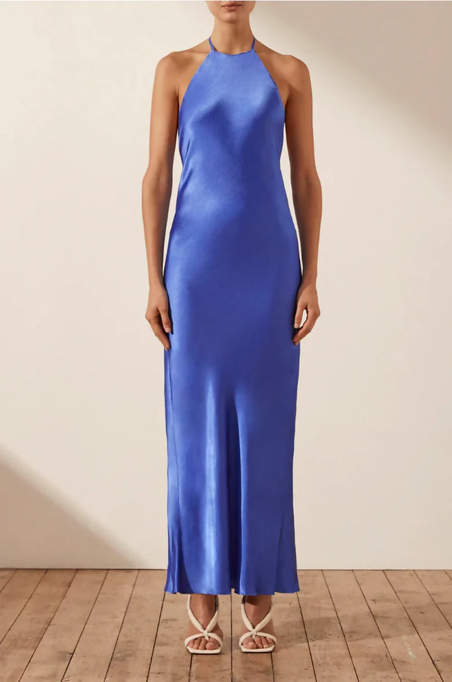 Shona Joy Oliviera Low Back Halter Neck Midi Dress Strong Blue