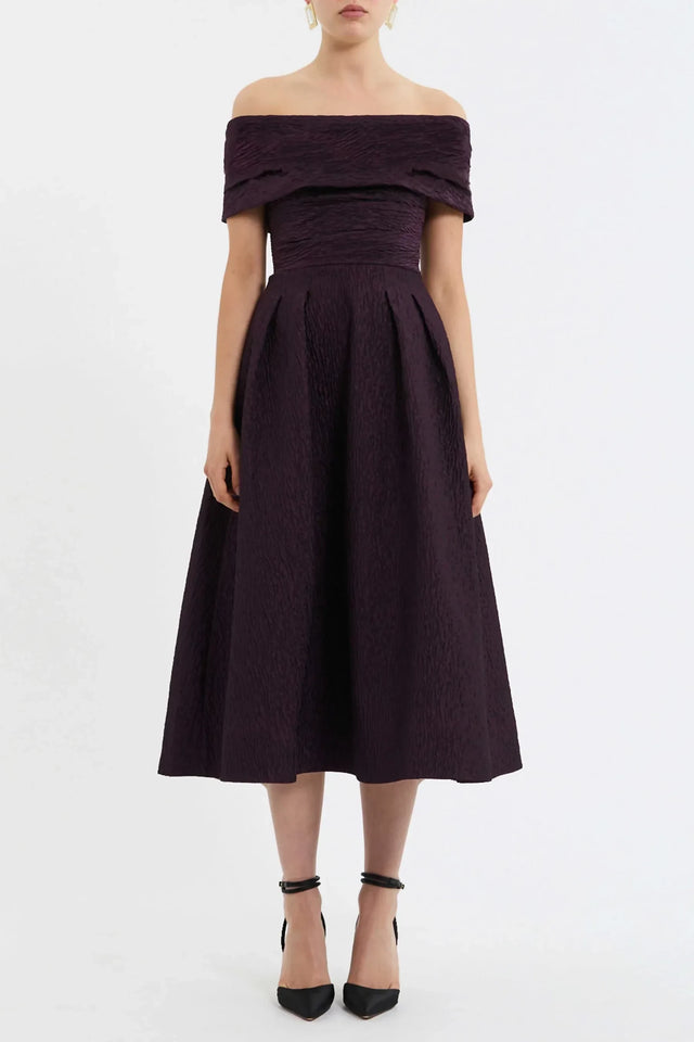 Rebecca Vallance Adalyn Off The Shoulder Midi Dress - Blackberry