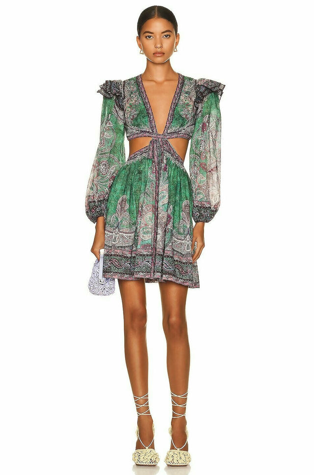 Zimmermann Anneke Ruffle Mini Dress Teal Paisley
