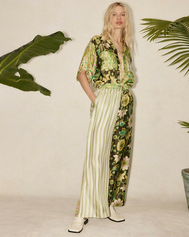 Alemais Winnie Patchwork Spliced Silk Shirt and Pant Set Green