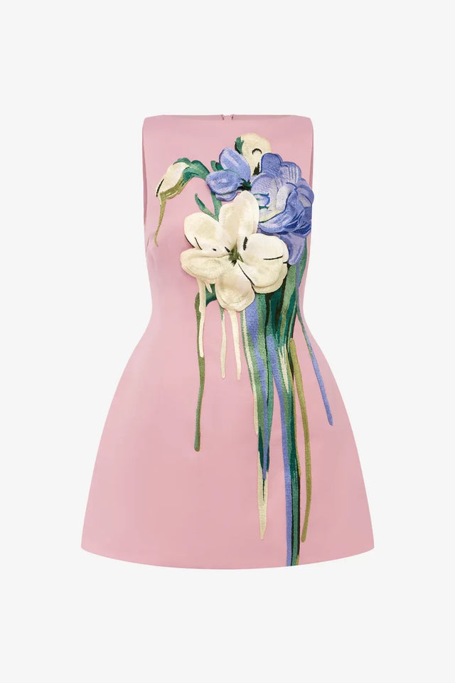 Leo Lin Ali Embroidered Boat Neck Mini Dress Bouquet Print in Pastel Pink