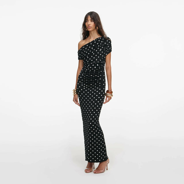 Self Portrait Polka Dot Draped Knit Midi Dress