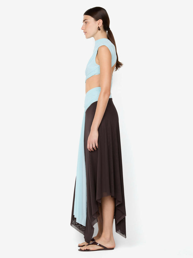 Bec and Bridge Conni Asym Midi Dress Artic Blue and Dark Choc