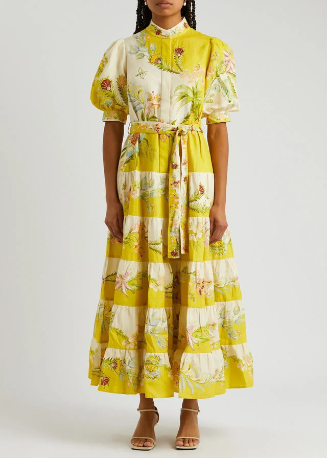 Alemais Ira Tiered Midi Dress Lemon/Cream