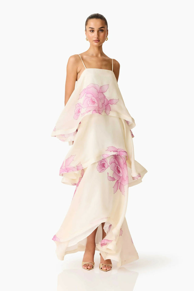 Elliatt Rova Tiered Gown in Cream & Pink Floral