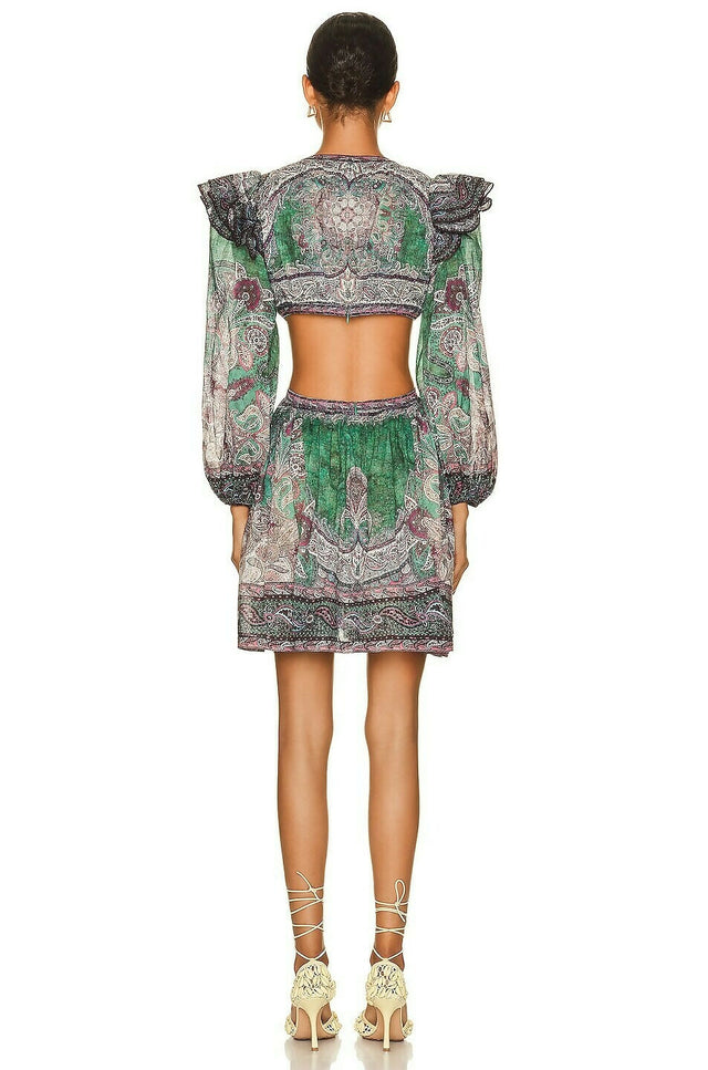 Zimmermann Anneke Ruffle Mini Dress Teal Paisley