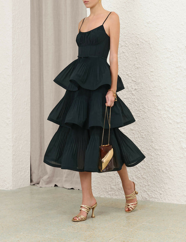 Pleated Tiered Midi Dress - size 1/AU10
