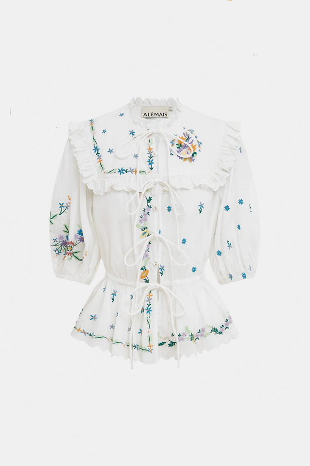 ALEMAIS Willa Embroidered Blouse and Midi Skirt Set White Floral Size 10 AU