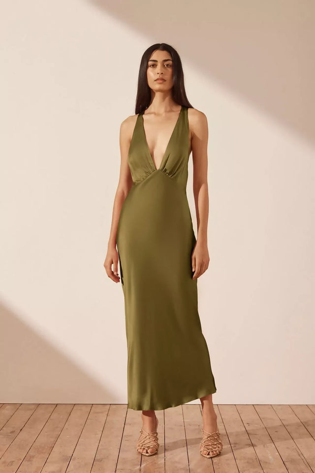 Shona Joy Arienzo Plunged Cross Back Midi Dress Green Olive