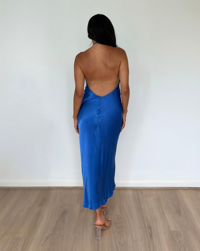 Shona Joy Oliviera Low Back Halter Neck Midi Dress Strong Blue