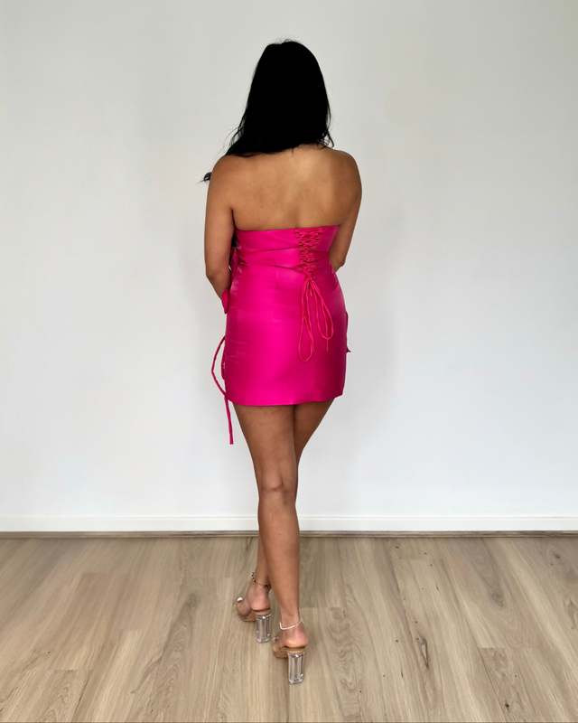 Sierra Darien Voluminous Flower Design Mini Dress Fuchsia