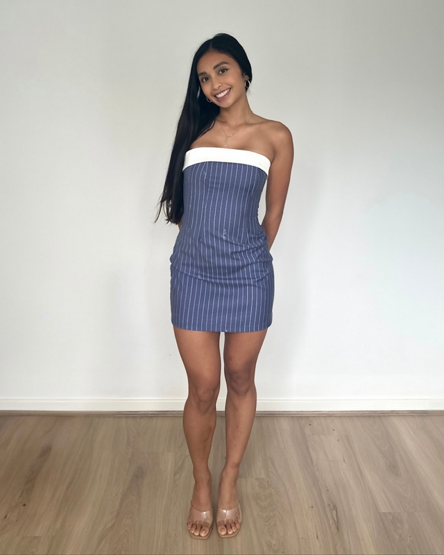 With Jéan Chloe Corset Mini Dress Pinstripe Blue