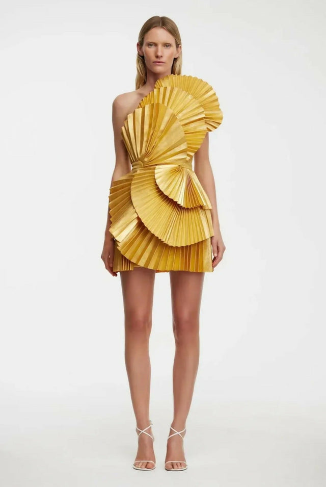 Acler Abbotsford Pleated Honey Gold Metallic Mini Size 10 - 10 / Yellow - Dresses
