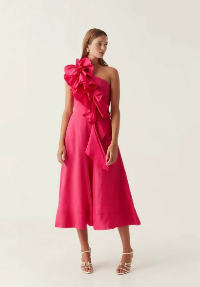 Aje Adelia Ruffle Midi Dress Pink - Dresses