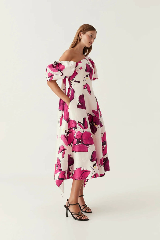 Aje Arista Tulip Sleeve Midi Dress Falling Florals - 10 / Multi - Dresses