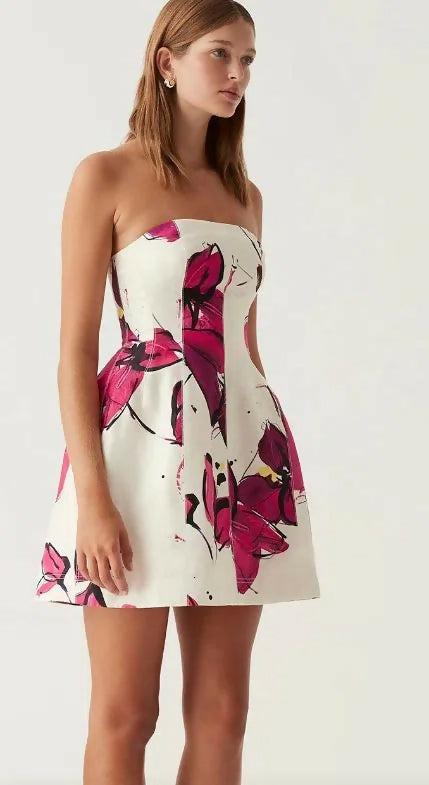 Aje Baret Strapless Mini Dress In Falling Florals Size 6 - 6 / Print - Dresses