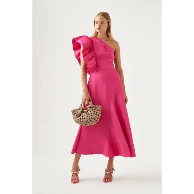 Aje Bonjour Aysmmetric Midi Dress - Fuchsia - 8 / Pink - Dress