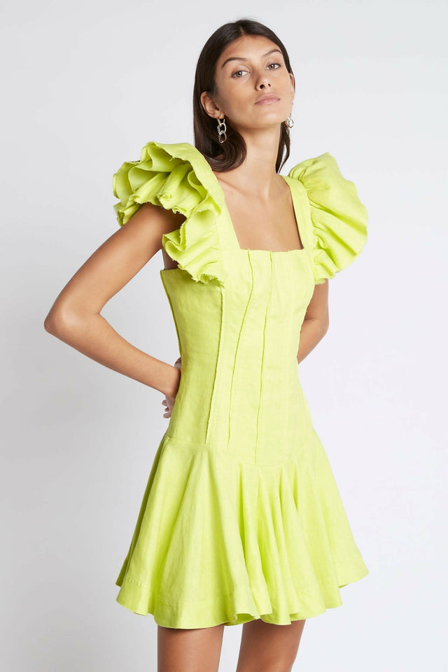 Aje Breathless Frill Mini Dress Lime Green - Dresses