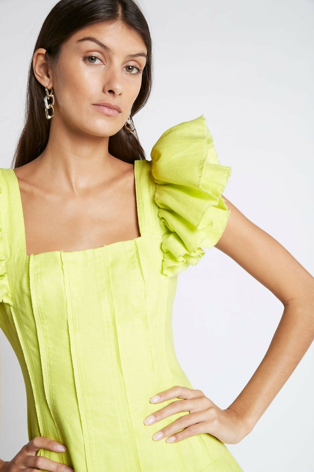 Aje Breathless Frill Mini Dress Lime Green - Dresses