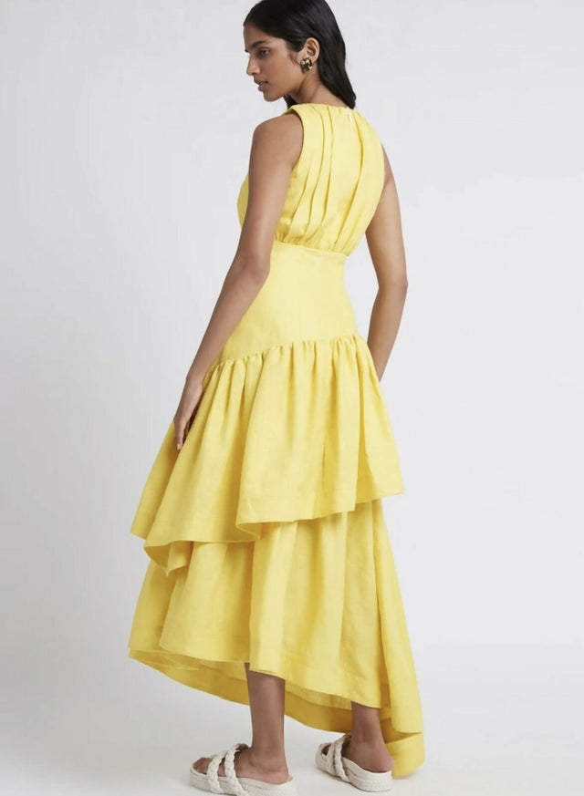 Aje Caliente Tiered Cut Out Midi Dress - 14 / Yellow - Dresses