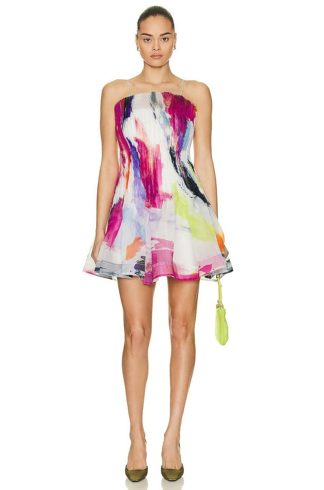 Aje Celestial Pleated Mini Dress Abstract Sunset Size AU 10 - 8 / Multi - Dresses