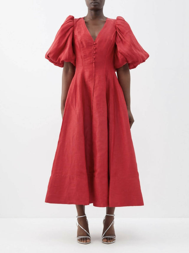 Aje Dusk Puff Sleeve Midi Dress in Red - 10 / Red - Dresses
