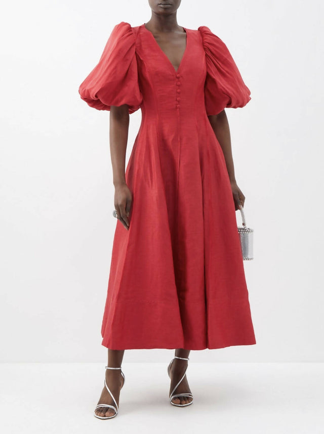 Aje Dusk Puff Sleeve Midi Dress in Red - 10 / Red - Dresses