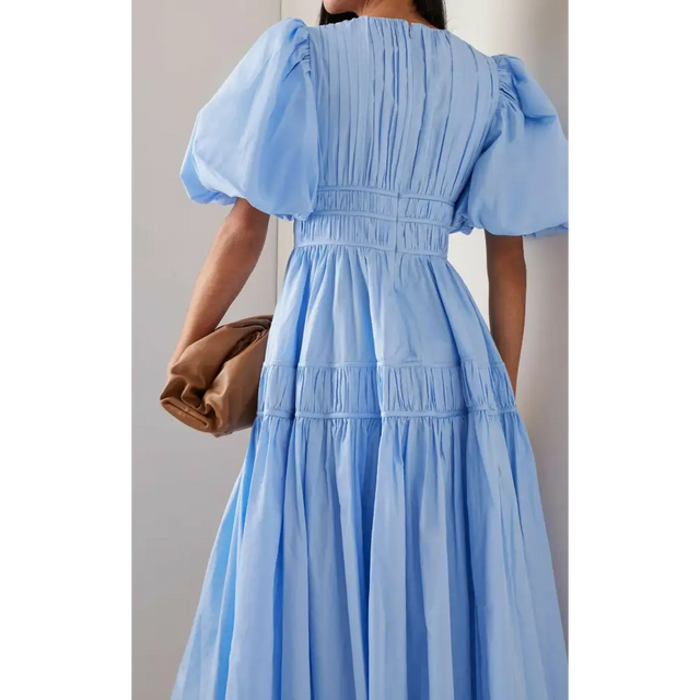 aje-blue-Fallingwater-Gathered-Cotton-Midi-Dress_1