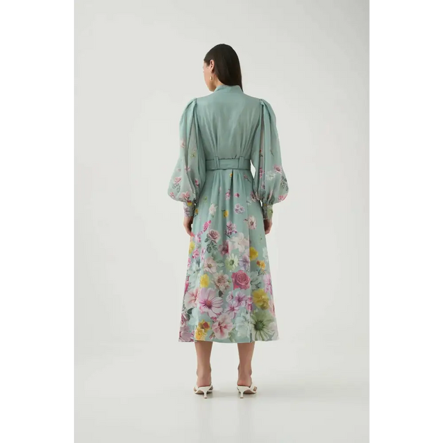 Aje Fleur Shirt Midi Dress Mist Green Collage Floral Size 6 - 6 / Floral - Dresses