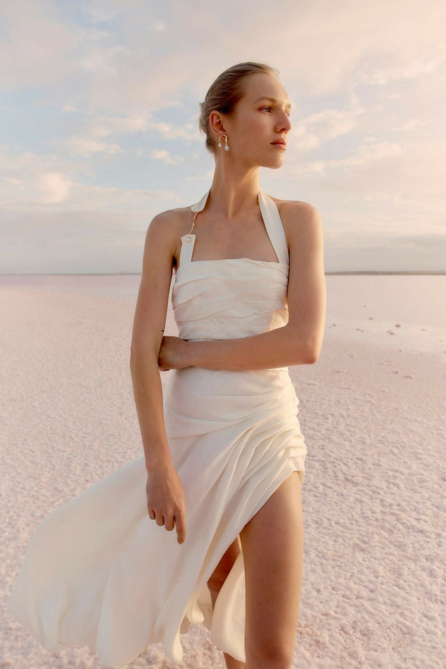 Aje Mika Draped Split Maxi Dress Ivory Size 6 / XS - 6 / White - Dresses