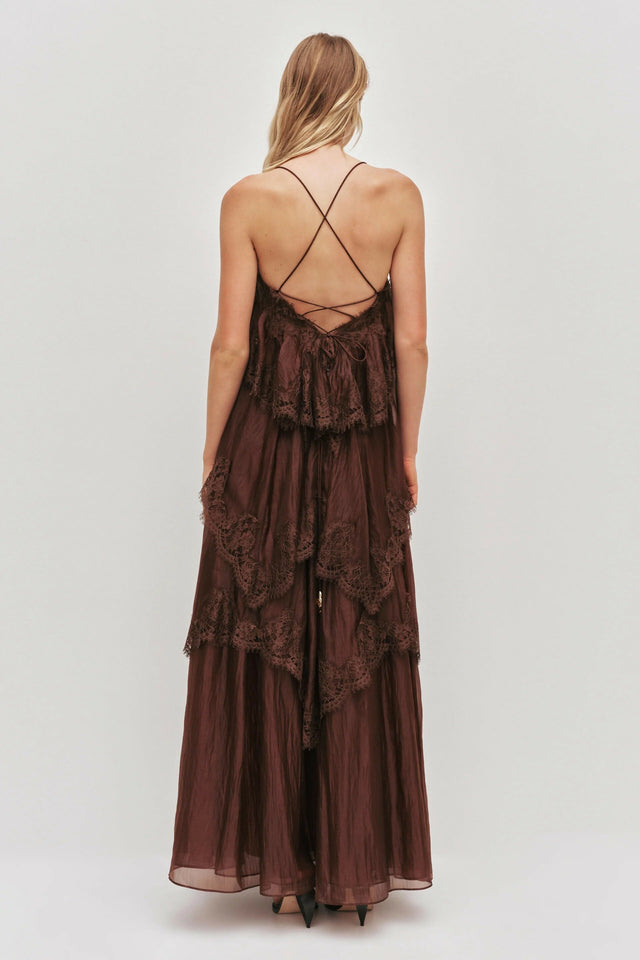 Aje Ophelia Lace Gown in Chocolate - Dresses
